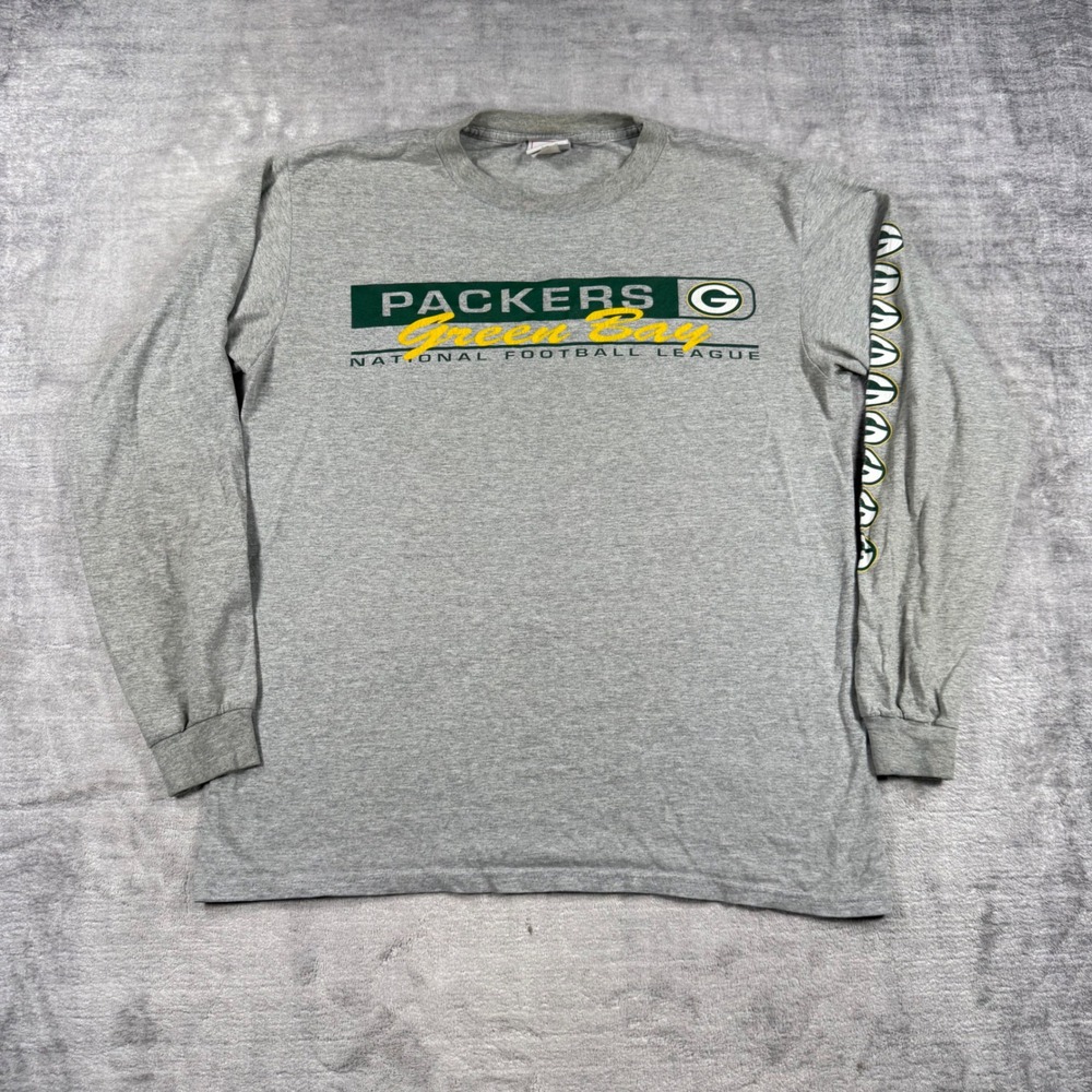 Green Bay Packers Shirt Mens Medium Gray Vintage Y2K Long Sleeve NFL Football